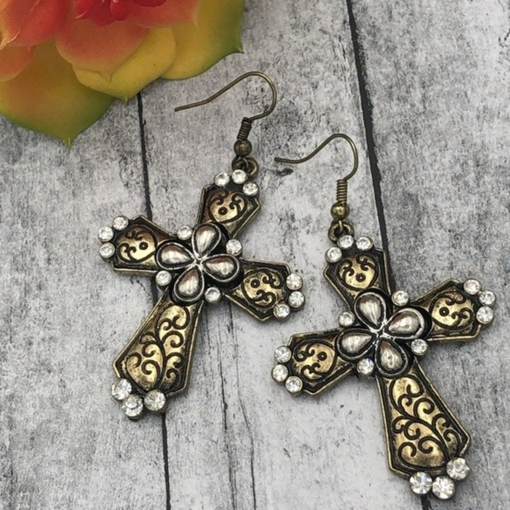 🌼 2- Tone Gold Silver Rhinestone Cross Dangle Earrings
